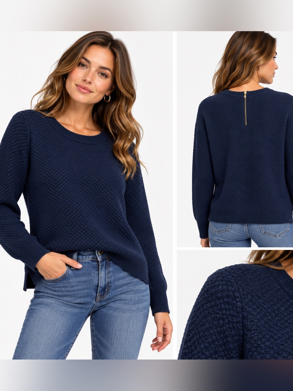 J.Crew 100% Wool Navy Textured Sweater XS Silk Shirttail Back Zip